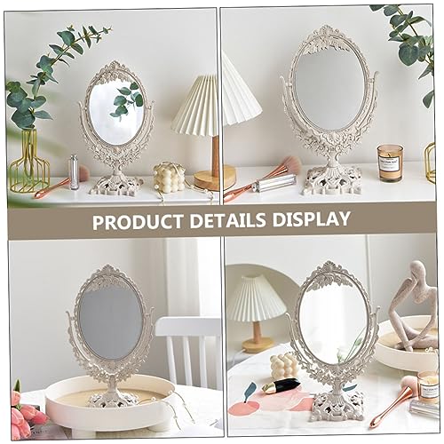 1pc Double Sided Princess Mirror Cosmetic Mirror Princess Makeup Round Stand Lighted Girl Makeup Antique Tabletop Vintage Stand Wheat Straw Beige