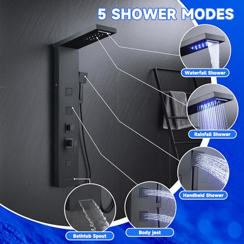 5-in-1 LED Shower Panel Tower System Stainless Steel Matte Black | Rainfall + waterfall heads | Body jets | Handheld shower | Tub spout | LED lights | Wall mount - color: Matte Black