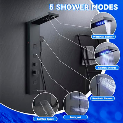 5-in-1 LED Shower Panel Tower System Stainless Steel Matte Black | Rainfall + waterfall heads | Body jets | Handheld shower | Tub spout | LED lights | Wall mount - color: Matte Black