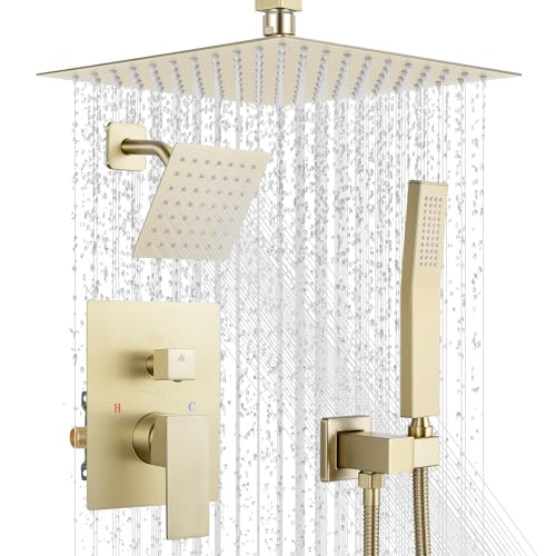 Rain Shower Faucet Set, 10" Top + 6" Side Head, Brushed Gold | 3-head set w/ valve, SUS304 anti-freeze, 6 spray modes, self-clean nozzles - color: Brush Gold, style: 10''-Ceiling Mount+6" Shower Head