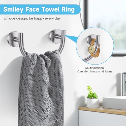 Brushed Nickel Towel Bar Set, 5-Piece Bathroom Hardware Accessories Set with Smiley Face Towel Rings, Stainless Steel Wall-Mounted Towel Holder Set for Bathroom,23.6 Inch - color: Brushed Nickel