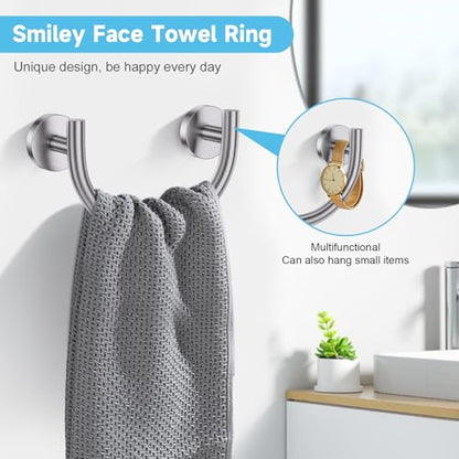 Brushed Nickel Towel Bar Set, 5-Piece Bathroom Hardware Accessories Set with Smiley Face Towel Rings, Stainless Steel Wall-Mounted Towel Holder Set for Bathroom,23.6 Inch - color: Brushed Nickel