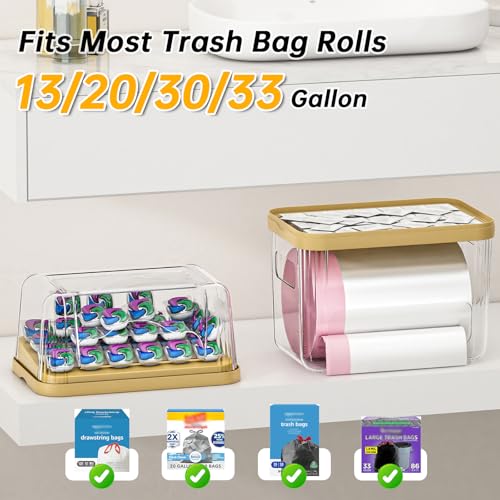 2-in-1 Trash Bag Dispenser & Laundry/Dishwasher Pods Container, Clear Acrylic Garbage Bag Holder with Removable Lids, Under Sink Organizer Kitchen Pantry Storage Box - size: 3IN1 Yellow Holder