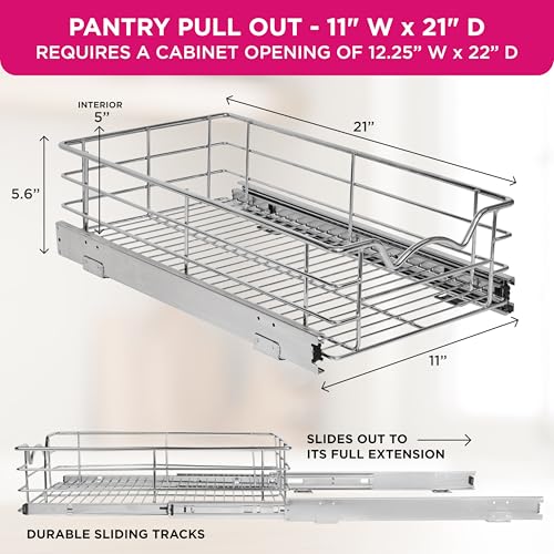 HOLDN’ STORAGE Pull Out Cabinet Organizer, Pantry Drawer, 11"W x 21"D x 5"H | Heavy-Duty Full-Extension, Roll Out Shelf for Pots, Pans & Under Sink Storage, Chrome, Require a 12.25"W Cabinet Opening - size: 11 Inch