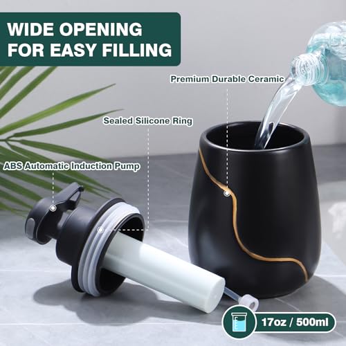 BosilunLife Rechargeable Auto Touchless Foam Soap Dispenser 17oz Ceramic | With Elegant Golden Curved Line.With Waterproof Pump,Touch-Free Sensing.17oz Dish Soap For Kitchen And Bathroom，Black - color: Black, style: Foam Pump