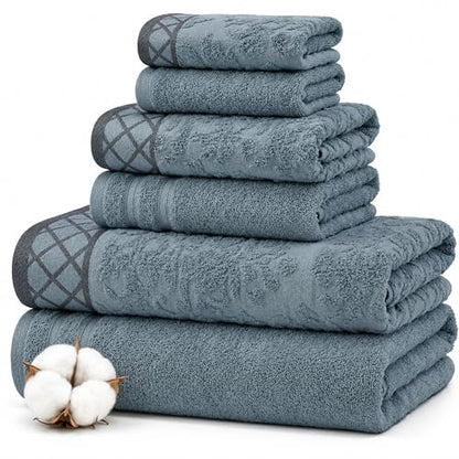Modern Threads 6 Piece Cotton Bath Towel Set – Ultra Soft 550 GSM Towels – Bathroom Set with Hand Towels and Washcloths – Diamond Border (Sage Mist) - color: Sage Mist, style: Diamond Border