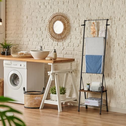 BTY Blanket Ladder Black Towel Ladder with Shelf Metal Blanket Ladder Holder for Bathroom Standing Ladder Towel Rack with Hooks Stocking Holders for Living Room Bedroom Laundry Room