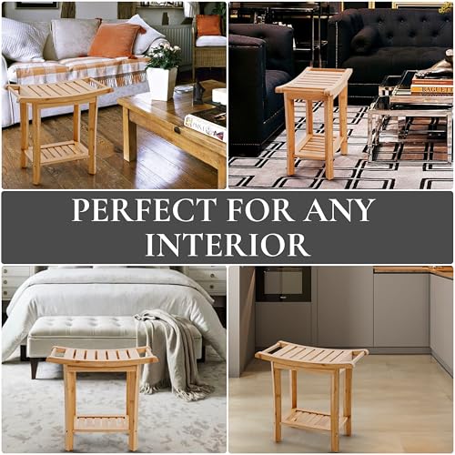 Bamboo Shower Bench with Handles and Shelf – Waterproof Stool for Inside Shower, Bathroom Foot Rest, Shaving Seat, Bamboo Shower Chair for Adults