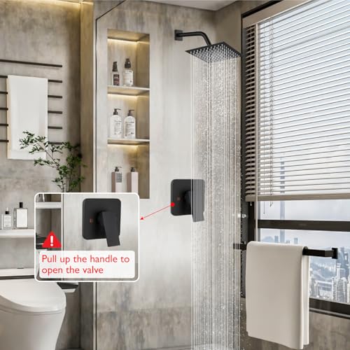 Heyalan 8-Inch Square Rain Shower Faucet Set with Valve, Matte Black | SUS304 stainless steel shower head, male NPT 1/2-inch valve, single-handle control, adjustable angle, 1.8 GPM - color: Black
