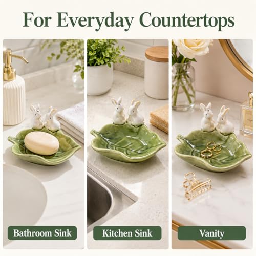 Rabbit Ceramic Soap Dish, Green Bunny Countertop Tray | Glazed ceramic; for soap, sponge, jewelry, keys; countertop only, no drainage hole or non-slip pad.