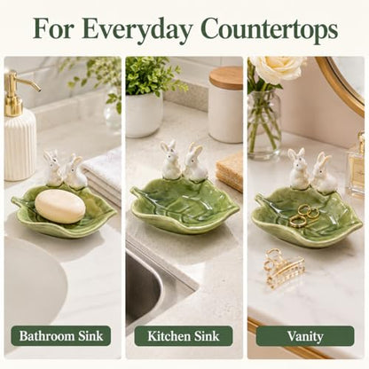 Rabbit Ceramic Soap Dish, Green Bunny Countertop Tray | Glazed ceramic; for soap, sponge, jewelry, keys; countertop only, no drainage hole or non-slip pad.