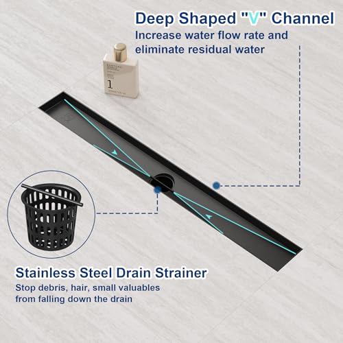 Neodrain 18" Shiny Black Linear Shower Drain,2-in-1 Flat& Tile Insert Cover | 304 Stainless Steel,Fast Drainage, Durable,Rectangle Shower Floor Drain with Adjustable Feet,Hair Strainer,Fits Bathrooms - color: Shiny Black, size: 18 In