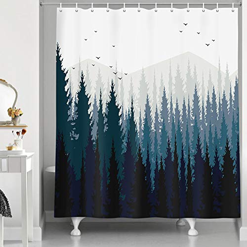 JAWO Rustic Scenery Shower Curtain, Black Forest Fog Bird Mountain, Polyester Fabric Waterproof Shower Curtain Bathroom, 69X70in, Shower Curtains Hooks Included - color: Blue, size: 69"W x 70"L (Pack of 1)