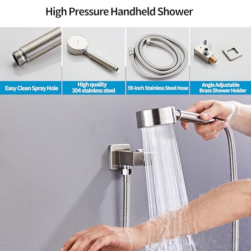 Brushed Nickel Shower Tub Faucet Set, Wall Mounted 8 Inch Shower Heads with Handheld Spray Combo and Tub Shower Faucet, Luxury Bathroom Square Rain Shower System - 4 Hooks - color: Brushed Nickel, style: 8 Inch with Tub Spout