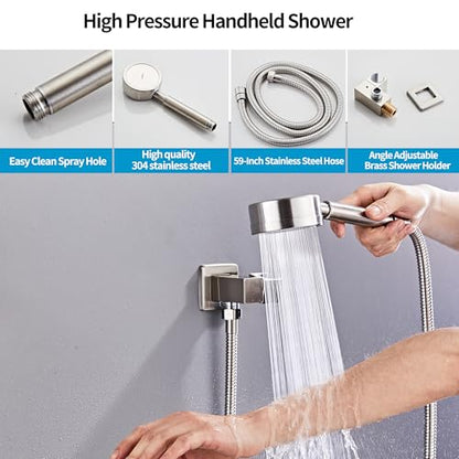 Brushed Nickel Shower Tub Faucet Set, Wall Mounted 8 Inch Shower Heads with Handheld Spray Combo and Tub Shower Faucet, Luxury Bathroom Square Rain Shower System - 4 Hooks - color: Brushed Nickel, style: 8 Inch with Tub Spout