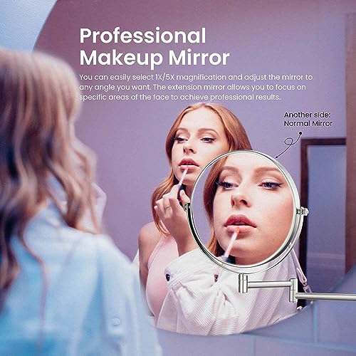 Circular Wall Mount Makeup Mirror, Dual-Sided 1x/5x Magnifying Mirror with Extendable Arm, 360° Swivel, Solid Brass Construction for Durability and Style (Brushed Nickel, KMM100) - color: Brushed Nickel