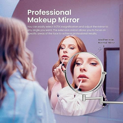 Circular Wall Mount Makeup Mirror, Dual-Sided 1x/5x Magnifying Mirror with Extendable Arm, 360° Swivel, Solid Brass Construction for Durability and Style (Brushed Nickel, KMM100) - color: Brushed Nickel