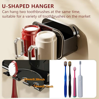 Strong Suction Wall Mount Toothbrush Holder with 2 Cups- No Drill Bathroom Organizer, Large Capacity & Hygienic Quick Drying Design - color: Black-2 Cups