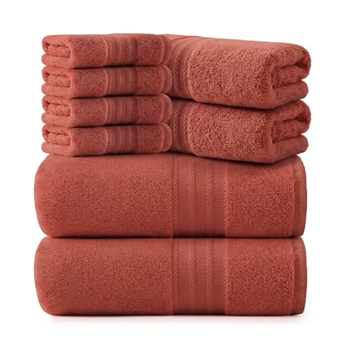 REDKISS 8 Piece Orange Towels Set - 100% Cotton Towels Set with 2 Large Bath Towels, 2 Hand, 4 Washcloths, 600 GSM Highly Absorbent Bath Towel Sets, Orange Quick Dry Shower Towel for Family Dorm Gym - color: Burnt Orange