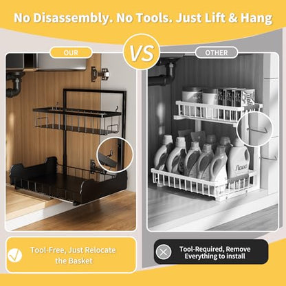 PureBox Under Sink Organizer, 2-Tier L-Shaped Pull Out Cabinet Shelf with 2 Installation Methods, Adjustable Sliding Storage Drawer for Kitchen, Bathroom, Laundry, Metal, Black, 2-Pack - size: 2 Pack