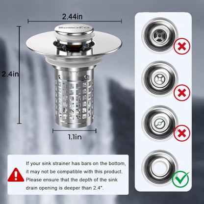 Bathroom Sink Drain Strainer, Stainless Steel Pop-up Strainer Basket Hair Catcher with Removable Basket, Brass Bullet Core, Universal Fit 1.1-2.36 Inch (1PCS)
