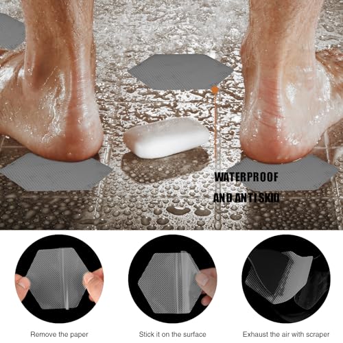 Secopad Bathtub Stickers Non-Slip, 12 PCS Hexagon Grey Safety Shower Treads Adhesive Appliques with Premium Scraper - color: Grey