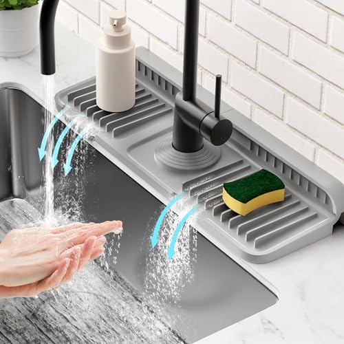 14.6 inch Faucet Mat for Kitchen Sink Splash Guard[7° Slope Fast Self-draining][Snap Lock Fit]Kitchen Sink Faucet Mat Splash Guard Kitchen Sink Area Water Splash Guard Behind Faucet Draining Mat - color: Gray, size: 14.6" x 5.5"