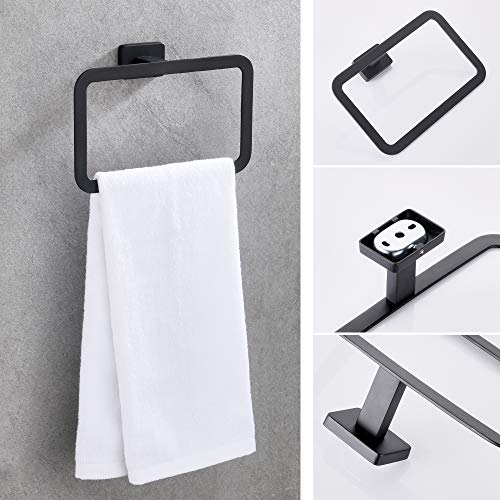 4 Piece Bathroom Hardware Accessories Set,Matt Black Stainless Steel Towel Bar Sets Wall Mounted - Includes 16" Towel Bar, Square Towel Ring, Toilet Paper Holder, Robe Towel Hook - color: Black, size: 16 inches