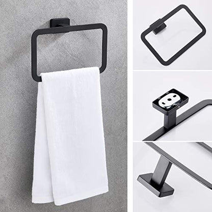 4 Piece Bathroom Hardware Accessories Set,Matt Black Stainless Steel Towel Bar Sets Wall Mounted - Includes 16" Towel Bar, Square Towel Ring, Toilet Paper Holder, Robe Towel Hook - color: Black, size: 16 inches