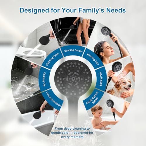 Hibbent All Metal 8" High Pressure Rain Shower Head Combo, Matte Black | cUPC Certified Rainfall Shower Head with handheld 10 Sprays, 16'' Adjustable Extension Arm, 71'' Hose, Showerhead Holder - color: Matte Black, style: Square 8''