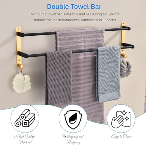 Double Towel Bar with Hooks, 30 Inch Long Towel Hanger - Stainless Steel Bathroom Towel Rack Wall Mounted, Black & Gold - color: Black & Gold, size: 30-Inch