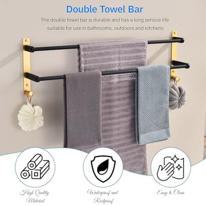Double Towel Bar with Hooks, 30 Inch Long Towel Hanger - Stainless Steel Bathroom Towel Rack Wall Mounted, Black & Gold - color: Black & Gold, size: 30-Inch