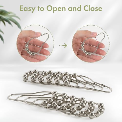 Shower Curtain Hooks, Decorative Shower Curtain Hooks Smooth, 12pcs Shower Hooks and 13ft Clear Curtain Hooks Prevents Shower Hooks from Snagging - color: Brushed Nickel+curtain Tape, style: Single Hooks