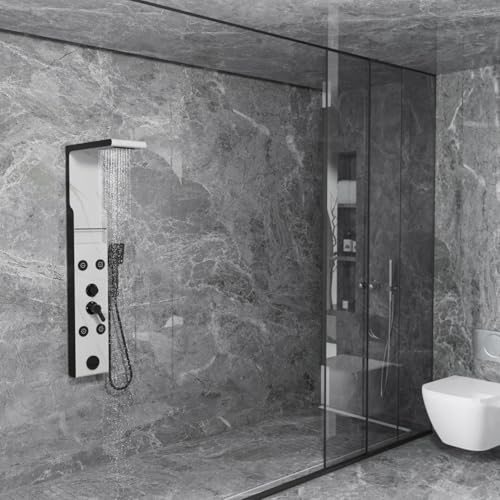 ELLO&ALLO Shower Panel Tower System with Shelf, Rainfall Shower Head and Rain Massage System with Body Jets, Stainless Steel Bathroom Fixtures, Marble&Black