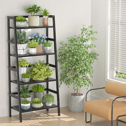 Bamboo Bookshelf 4-Tier Ladder Shelf, 49.2” Freestanding Open Bookcase Book Shelf Bathroom Storage Shelf Unit Plant Stand for Small Space, Living Room, Bedroom, Home Office, Black - color: Black