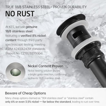 KES Bathroom Sink Drain with Overflow Pop Up Matte Black Brass & Stainless | 304 Stainless Steel & Brass Pop-Up, Rustproof 3-Piece Anti-Leak Seal, Fits 1.6-1.9" Hole, Adapter & PTFE Tape Included - color: Matte Black, style: With Overflow, 1 Pack