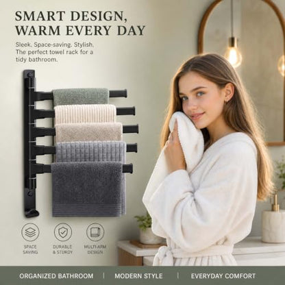 2-5 Arms Swivel Towel Rack Bath Towel Holder with Hook Swing Arm Towel Rack Wall Mount for Bathroom Kitchen (Black, 5-arm) - color: Black, size: 5-arm