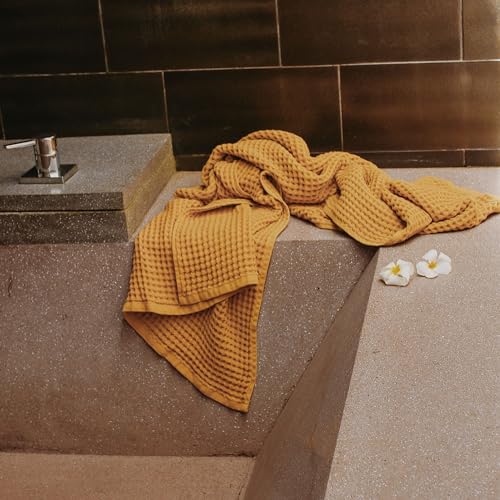 Waffle Bath Sheet Set, 100% Turkish Cotton, Includes 1 Bath Sheet, 1 Hand Towel, 2 Face Towels - color: Mustard, size: Bath Sheet Set (4 Pieces)