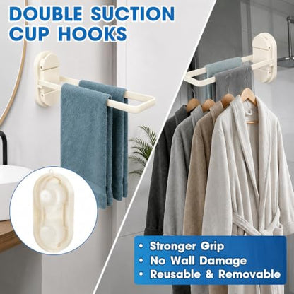 Suction Towel Rack No Drill,21LB Foldable Stainless Steel Bathroom | Dual suction rack holds 21lbs, fits glass & RV. Repositionable tool-free mount, no residue. Fold-flat rustproof brushed steel - color: White