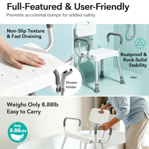 HOMENURSE Shower Chair for Inside Shower, 400 lbs, Wider Seat, Lightweight | 9-Level Height Adjustment, 2.55" Wider Suction Cups, Non-Slip, Tool-Free Conversion, for Seniors Disabled and Recovery - color: Gray