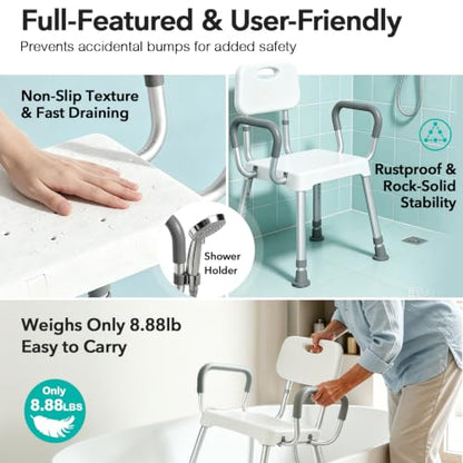 HOMENURSE Shower Chair for Inside Shower, 400 lbs, Wider Seat, Lightweight | 9-Level Height Adjustment, 2.55" Wider Suction Cups, Non-Slip, Tool-Free Conversion, for Seniors Disabled and Recovery - color: Gray
