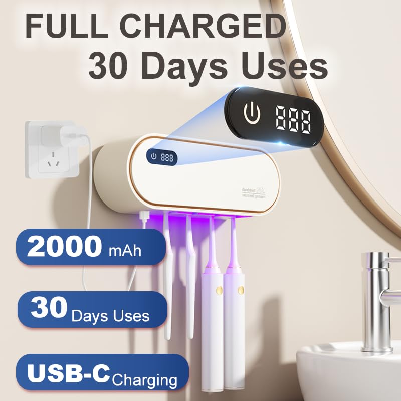 UV Toothbrush Sanitizer Holder for 4 | Wall Mounted Toothbrush Holder for Bathroom with Fan Drying | USB Rechargeable Toothbrush Cleaner & Sterilizer, No Drill Install, Modern Design (White) - color: White Ⅱ