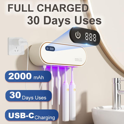UV Toothbrush Sanitizer Holder for 4 | Wall Mounted Toothbrush Holder for Bathroom with Fan Drying | USB Rechargeable Toothbrush Cleaner & Sterilizer, No Drill Install, Modern Design (White) - color: White Ⅱ