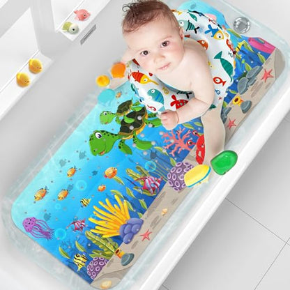 Baby Bath Mat for Tub Non Slip Kids, BPA Free Extra Long Bathtub Mat 40x16 with Drain Holes and 200 Suction Cups, Non Toxic Machine Washable Toddler Bath Mat, No Fading, Turtle - color: U-turtle 2