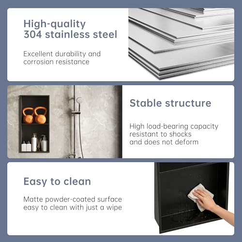 Shower Niche 24"×12" No Tile Needed, Matte Black Recessed Wall Niche, Stainless Steel, Waterproof Rust Resistant, 4in Deep for Bathroom Shower Room - size: 24"W x 12"H x 4"D