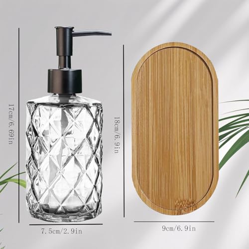 12oz Clear Glass Hand and Dish Soap Dispenser Set, Diamond Design, Set of 2 | Bathroom Soap Dispenser with Plastic Pumps, Bamboo Tray for Hand Wash & Dish Wash, for Bathroom Kitchen Countertop - color: Clear