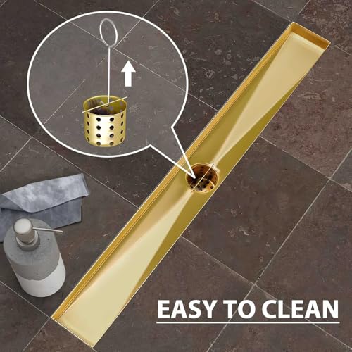 SaniteModar Linear Shower Drain 18 inch Brushed Gold with Square Hole Panel | AISI 304 Stainless Steel Brushed Gold Linear Dain Rectangle Shower Floor Drain with Hair Strainer and Leveling Feet - color: Brushed Gold, size: 18 inch