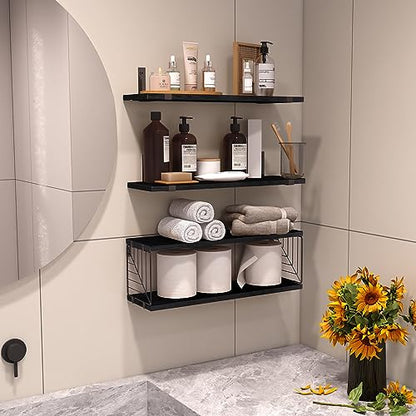 Fixwal 3+1 Tier Bathroom Floating Shelves Over Toilet, Black | Black Wood Shelf Set with Toilet Paper Storage Basket, Natural Finish, 40Lb Weight Limit, Quick Mount, Versatile - color: Black