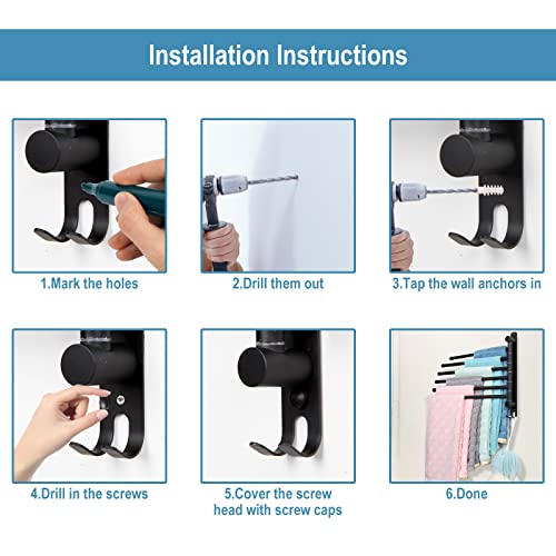6-Arm Swivel Towel Rack - 180° Rotating Wall Mounted - 304 Stainless Steel Rustproof - Heavy Duty Space Saving for Bathroom Kitchen Laundry Room (Matte Black) - color: Black, size: 6 Arms