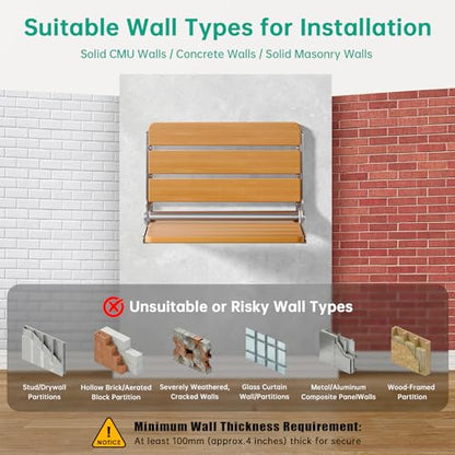 16" Wall Mounted Folding Shower Seat Bench - Heavy Duty 400lb Capacity, ADA Compliant Teak & Stainless Steel Shower Chair for Elderly, Disabled, Bathroom Safety - size: 16 inch